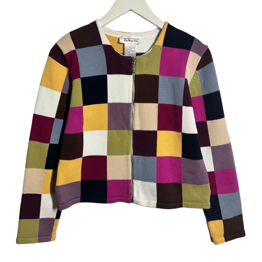 Talbots Women L Cotton Patchwork Colorblock Zip Front Cardigan Sweater 90s Y2K